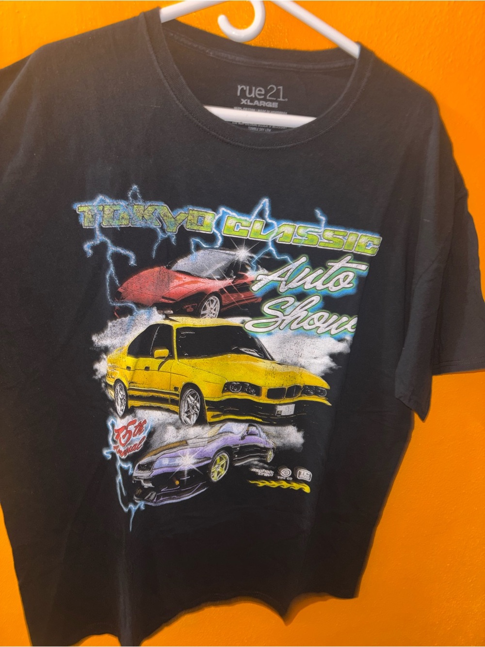 rue21 Black Graphic Tee with Yellow, Red & Purple Car Art